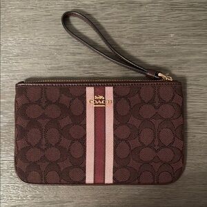 Coach Brown Wristlet with Pink Stripe